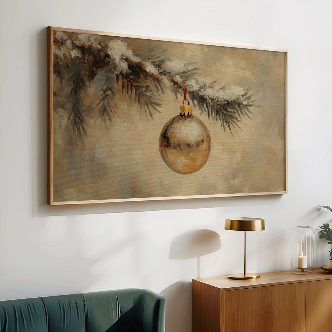 Gold Bauble on Snowy Pine Branch Warm Antique Christmas Glow Poster - Image 2