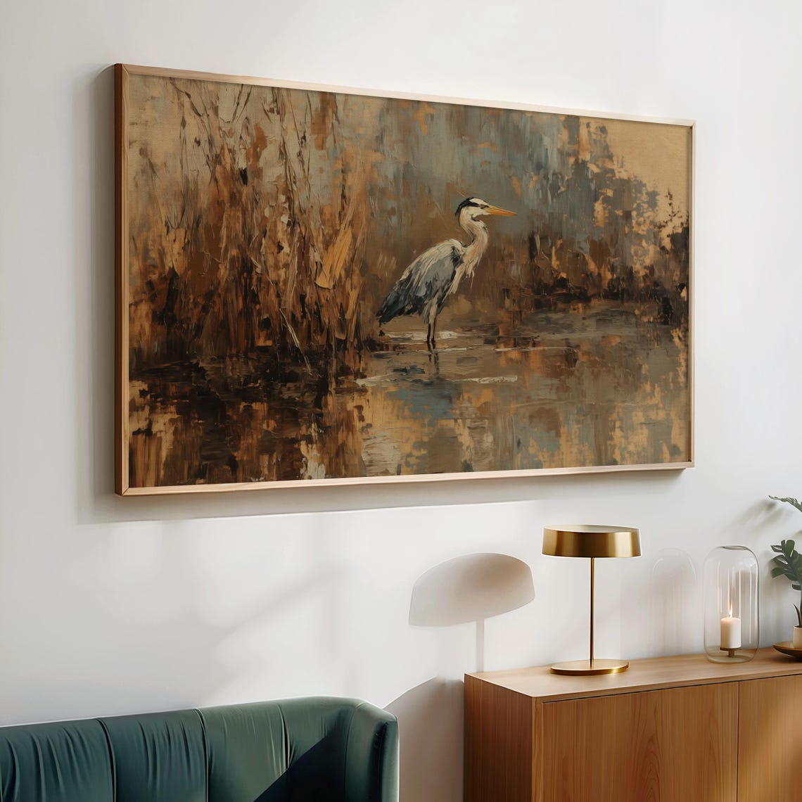 Great Blue Heron Autumn Marsh Water Loose Brushwork Painting Poster - Image 2