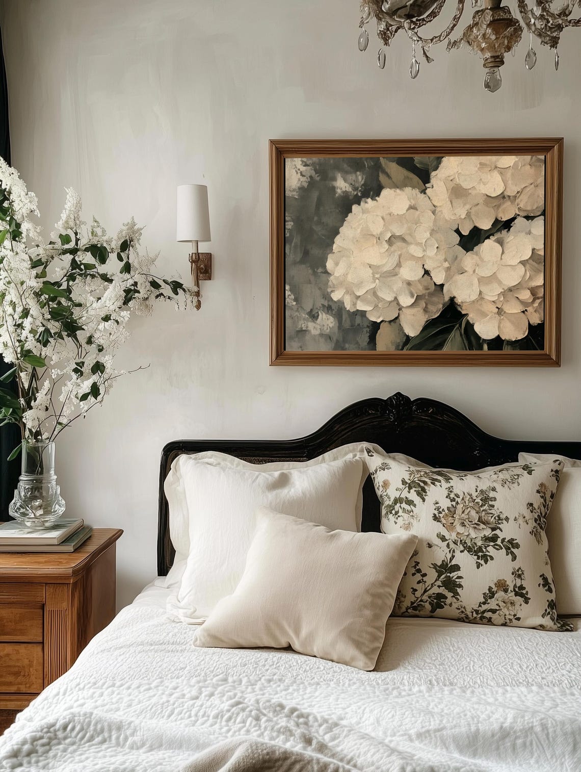 White Hydrangea Blooms Impasto Oil Painting Dark Floral Wall Art Print - Image 2