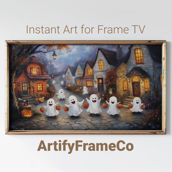 Ghost Children Trick or Treating in a Village Street Halloween Scene Wall Art