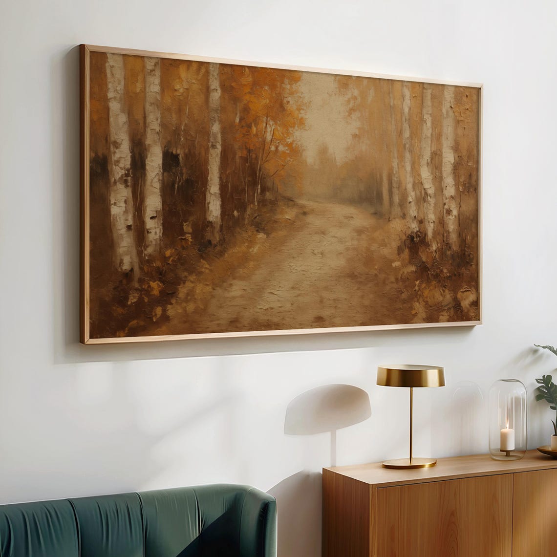 Autumn Birch Forest Dirt Road Warm Copper Tone Painting Poster - Image 2