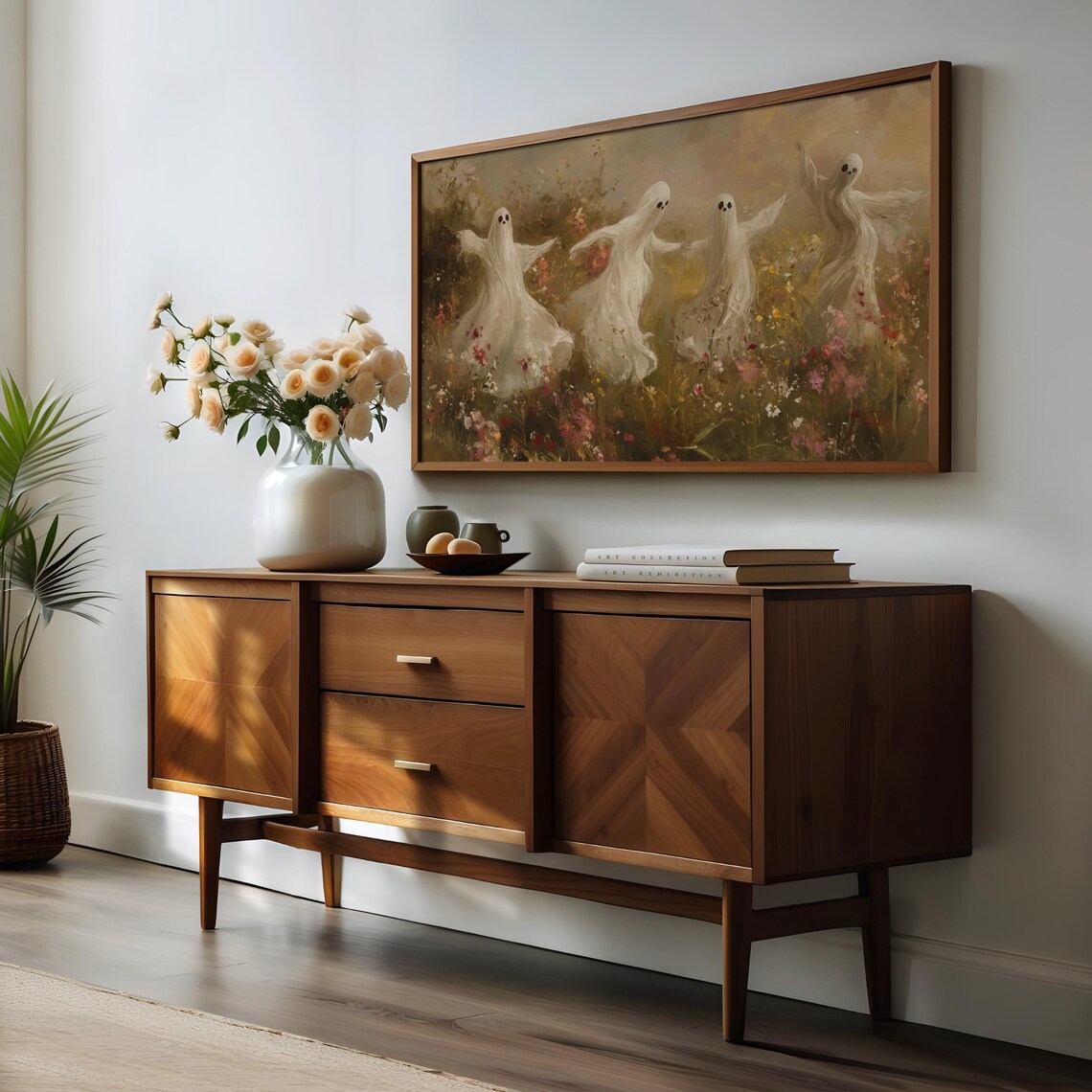 Dancing Ghosts in a Wildflower Field Golden Hour Vintage Halloween Wall Art - Image 3