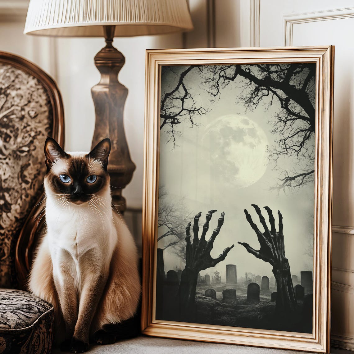 Zombie Hands Rising In Graveyard Under Full Moon Horror Poster - Image 3