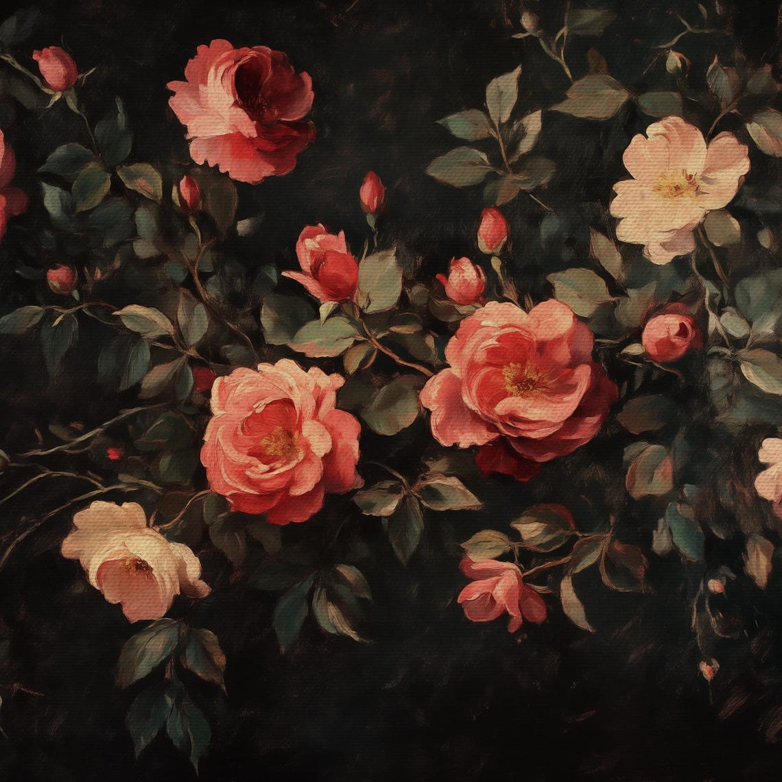 Coral Red Roses On Dark Background Vintage Romantic Floral Art Print - Image 4