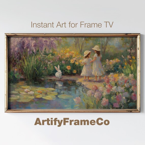 Easter Frame Tv Art Easter Egg Hunt Children Playing With Bunny Spring Flower Garden Moody Cottagecore Nursery Frame Tv Tv0106