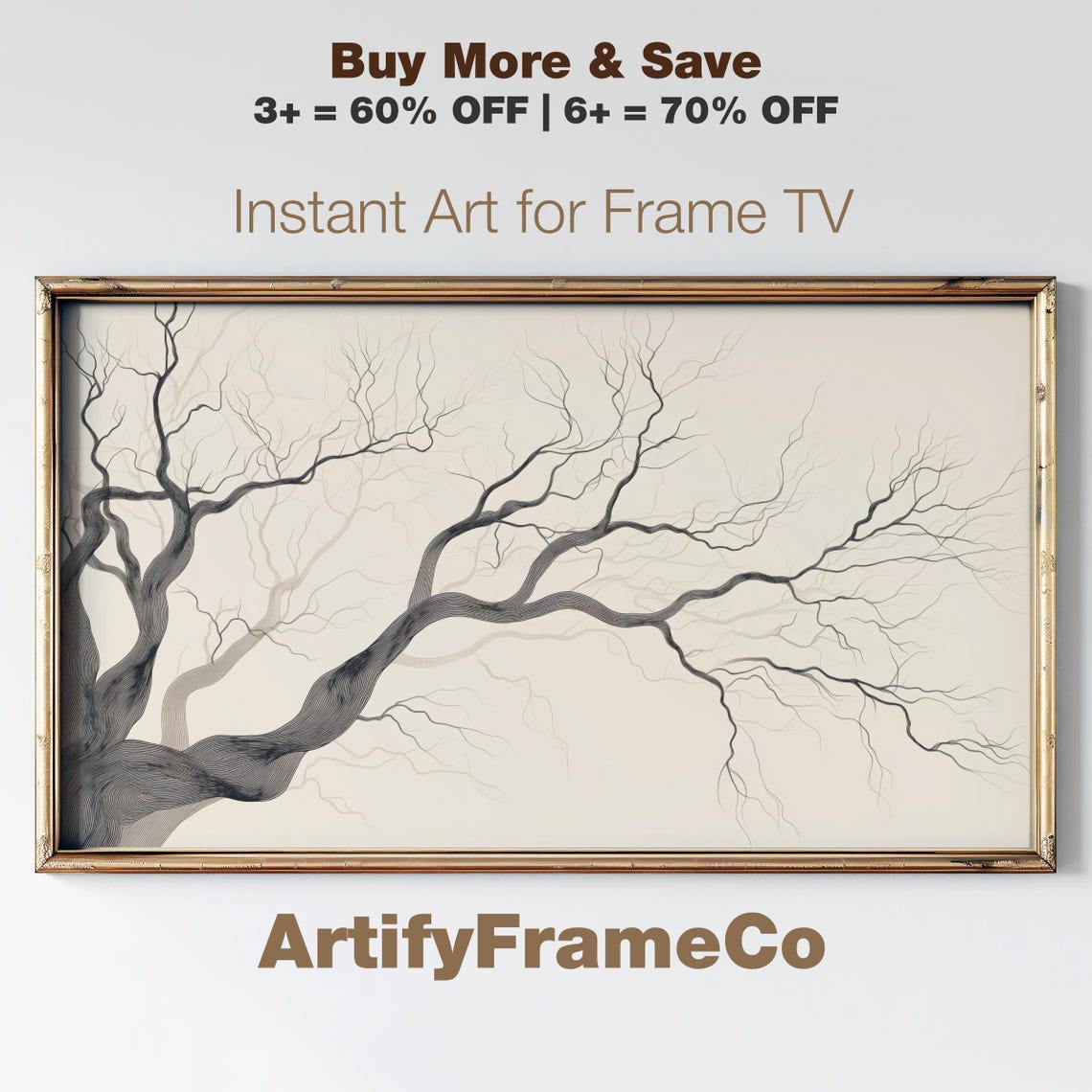 Gnarled Bare Tree Branch Ink Drawing Moody Nature Frame TV Poster