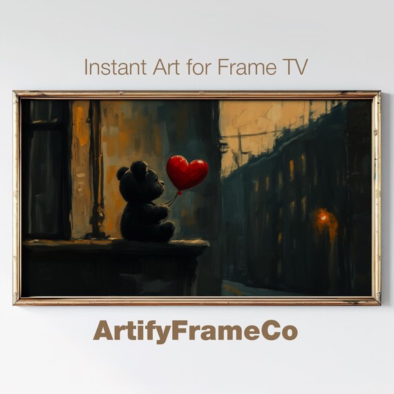 Valentines Day Frame Tv Art Teddy Bear With Red Heart Balloon Romantic Cute Valentines Day Frame Tv Art Moody Frame Tv Tv0100