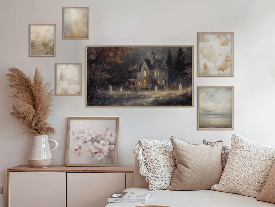 Victorian Manor Haunted by Ghosts at Night Vintage Spooky Halloween Wall Art - Image 2