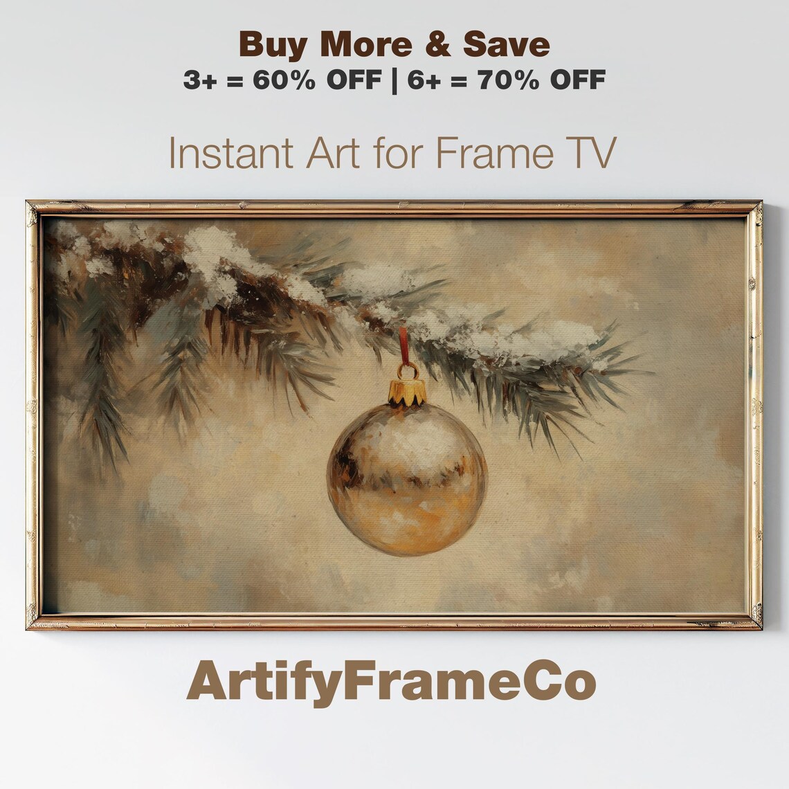Gold Bauble on Snowy Pine Branch Warm Antique Christmas Glow Poster