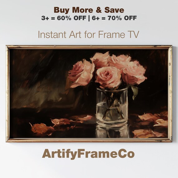 Vintage Flowers Frame Tv Art Moody Pink Roses Fall Living Room Decor Frame Tv Art Romantic Cottagecore Art Thanksgiving Tv0011