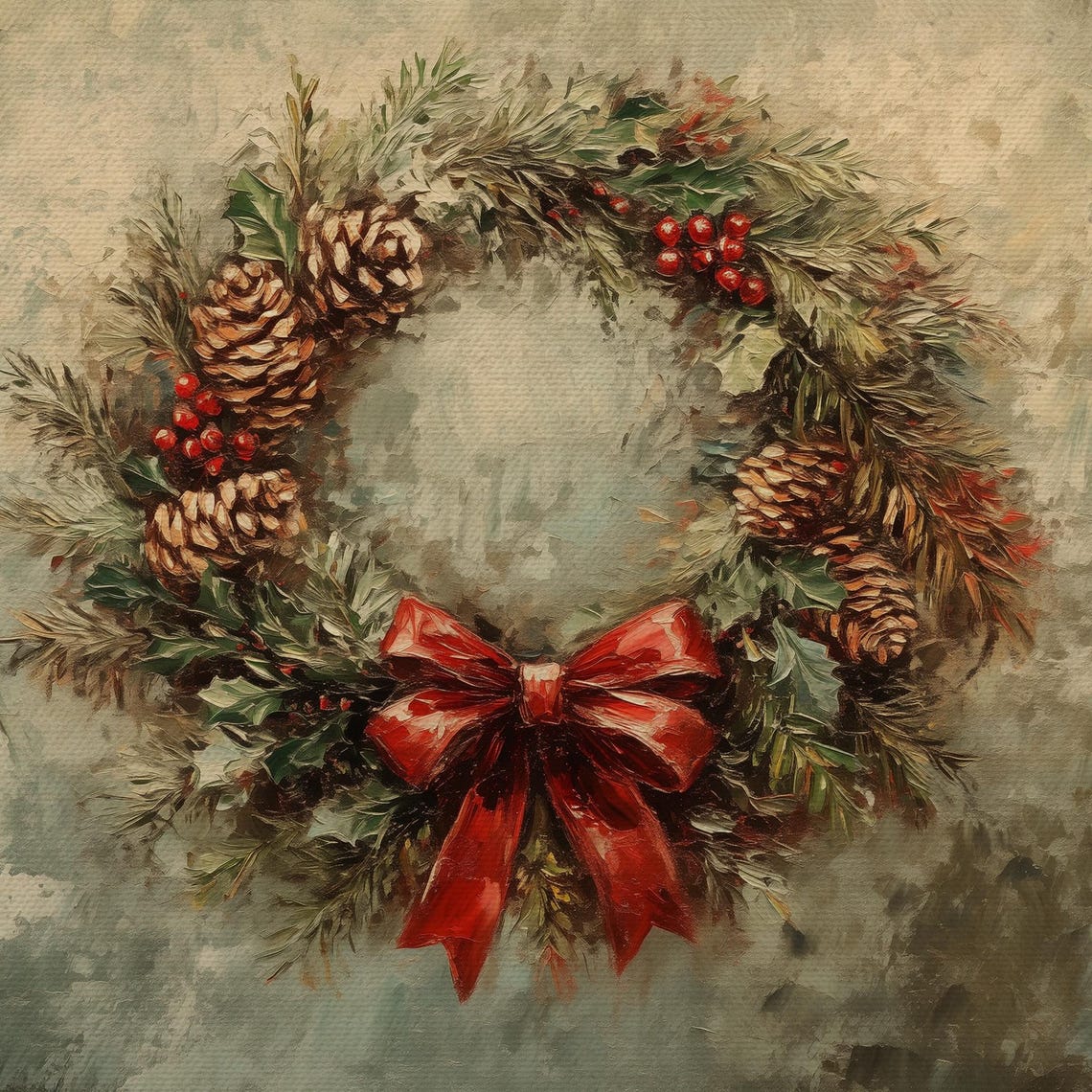 Rustic Christmas Wreath Red Bow Pinecones Berries Vintage Green Poster - Image 4