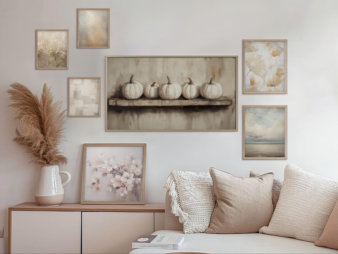 Five White Pumpkins on a Wooden Shelf Rustic Minimalist Fall Still Life Wall Art - Image 2