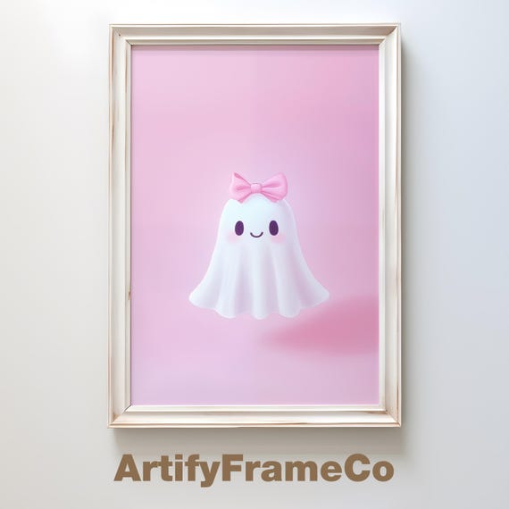 Cute Ghost With Pink Bow Wall Art Trendy Halloween Decor Coquette Aesthetic Girly Ghost Painting Wall Decor