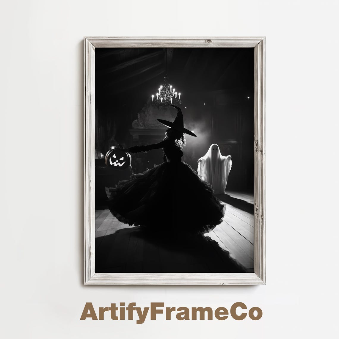 Dancing Witch And Ghost Spooky Black And White Halloween Poster