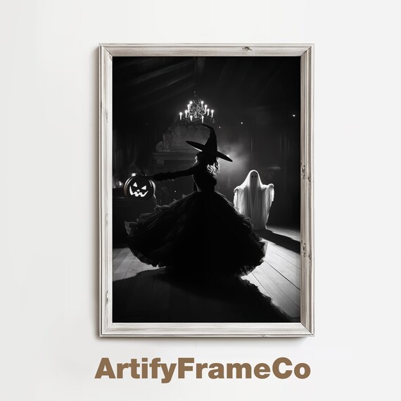 Dancing Witch And Ghost Spooky Black And White Halloween Poster