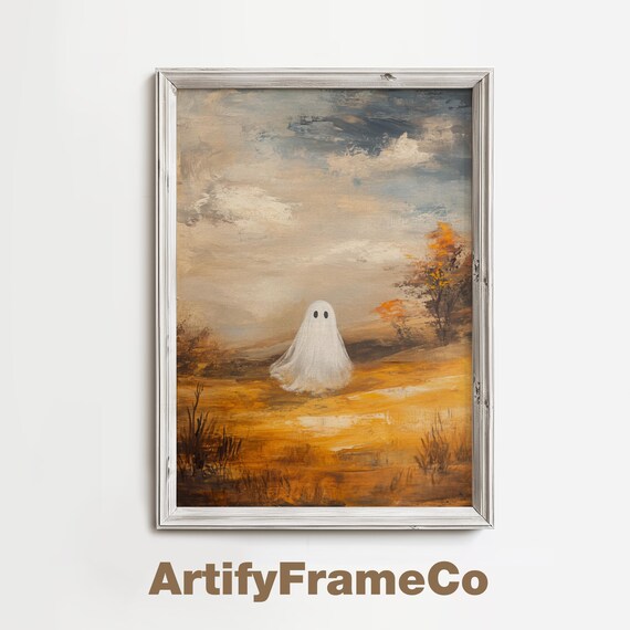 Ghost In Countryside Oil Painting Wall Art Vintage Halloween Decor Spooky Autumn Landscape Moody Ghost Painting