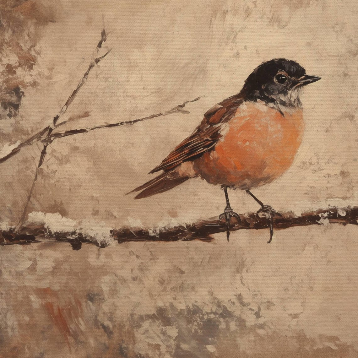 Black Headed Orange Breasted Songbird Snowy Branch Painting Poster - Image 4