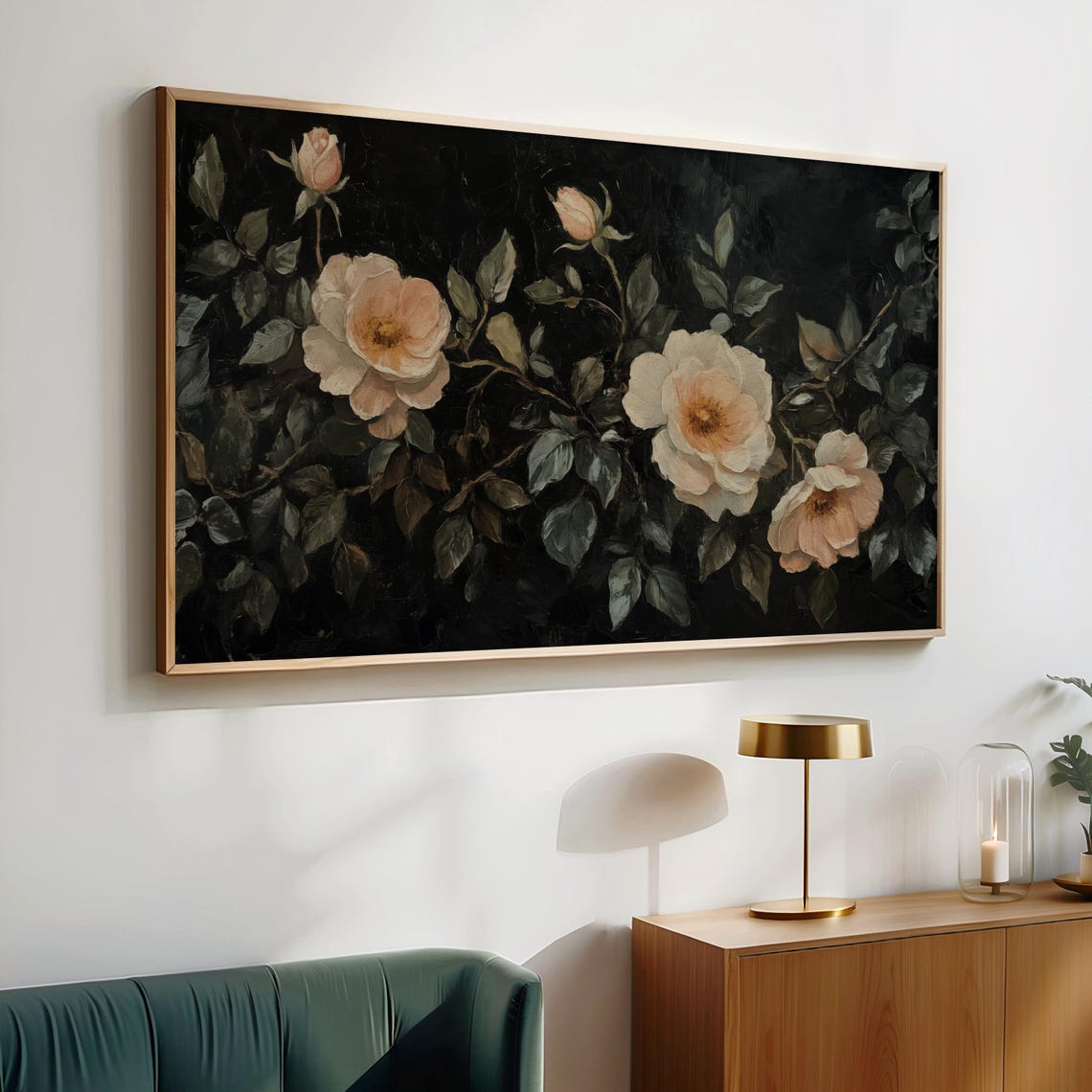 Moody Blush Wild Roses Black Background Vintage Frame TV Art Poster - Image 2