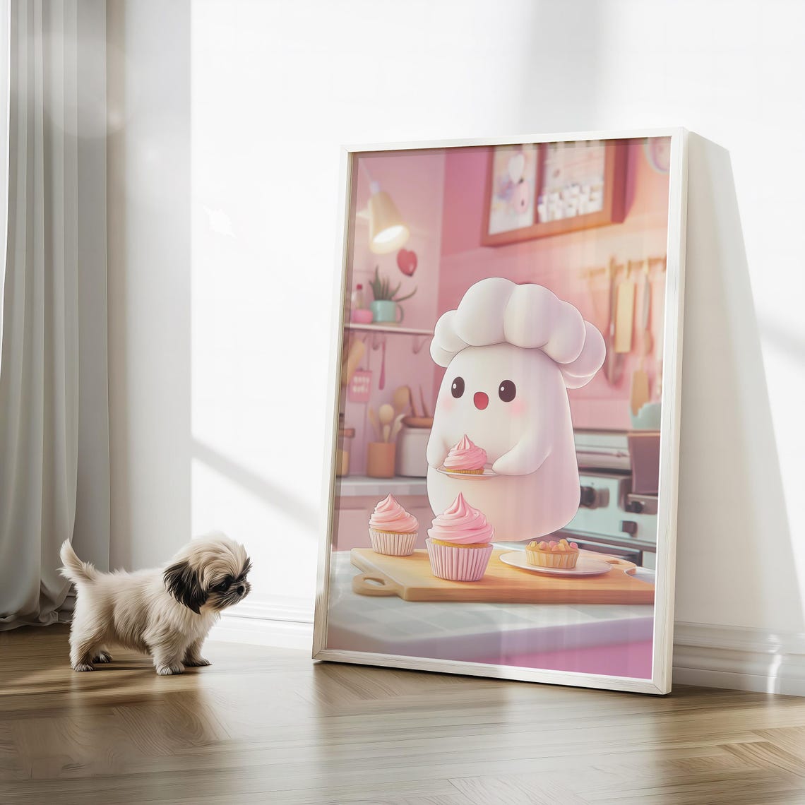 Cute Ghost Chef Baking Cupcakes Art Kawaii Halloween Decor Trendy Kitchen Wall Art Pastel Ghost Print Wall - Image 3