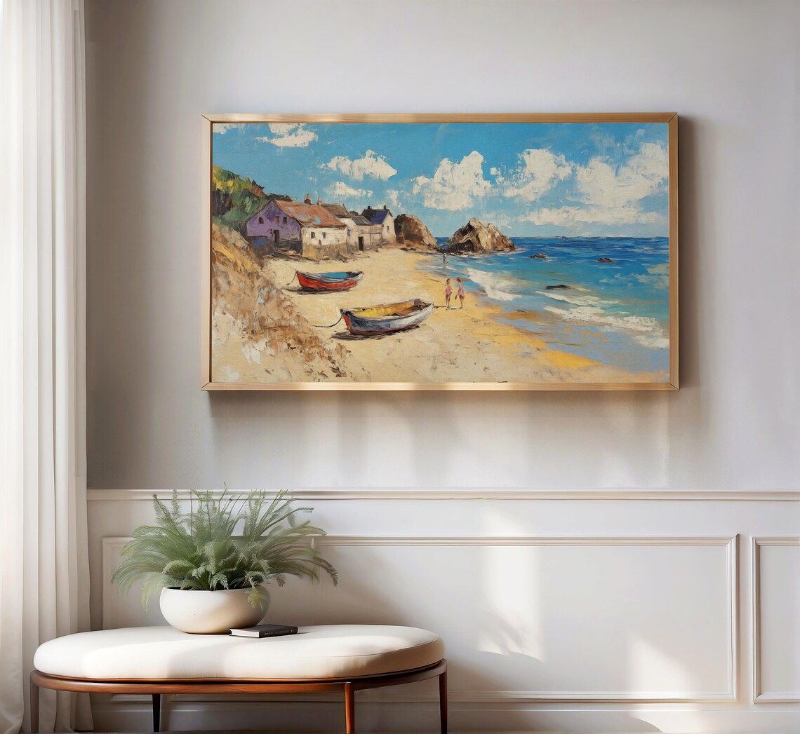 Sunny Fishing Village Beach Boats Vintage Coastal Summer Painting Poster - Image 3
