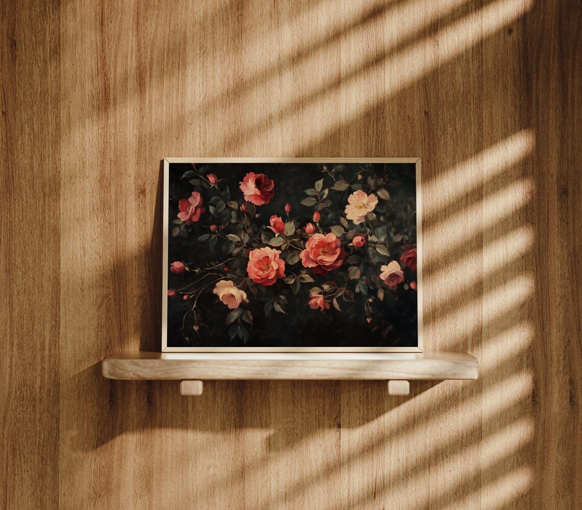Coral Red Roses On Dark Background Vintage Romantic Floral Art Print - Image 3