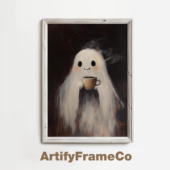 Cute Ghost Holding Coffee Cup Wall Art Spooky Halloween Vintage Ghost Painting Dark Academia Art For Kitchen