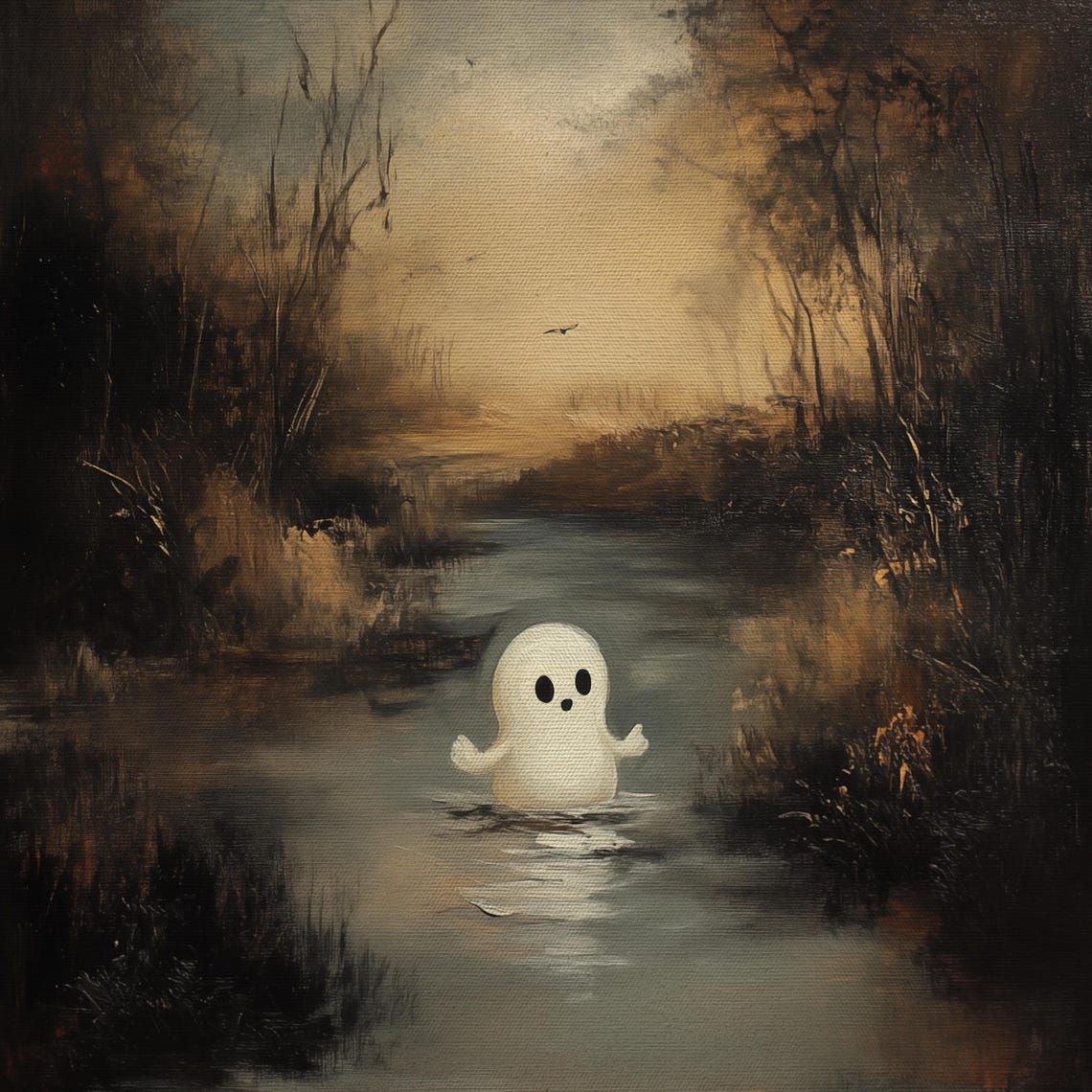 Lonely Ghost Standing In Misty River Dark Moody Oil Painting Poster - Image 4