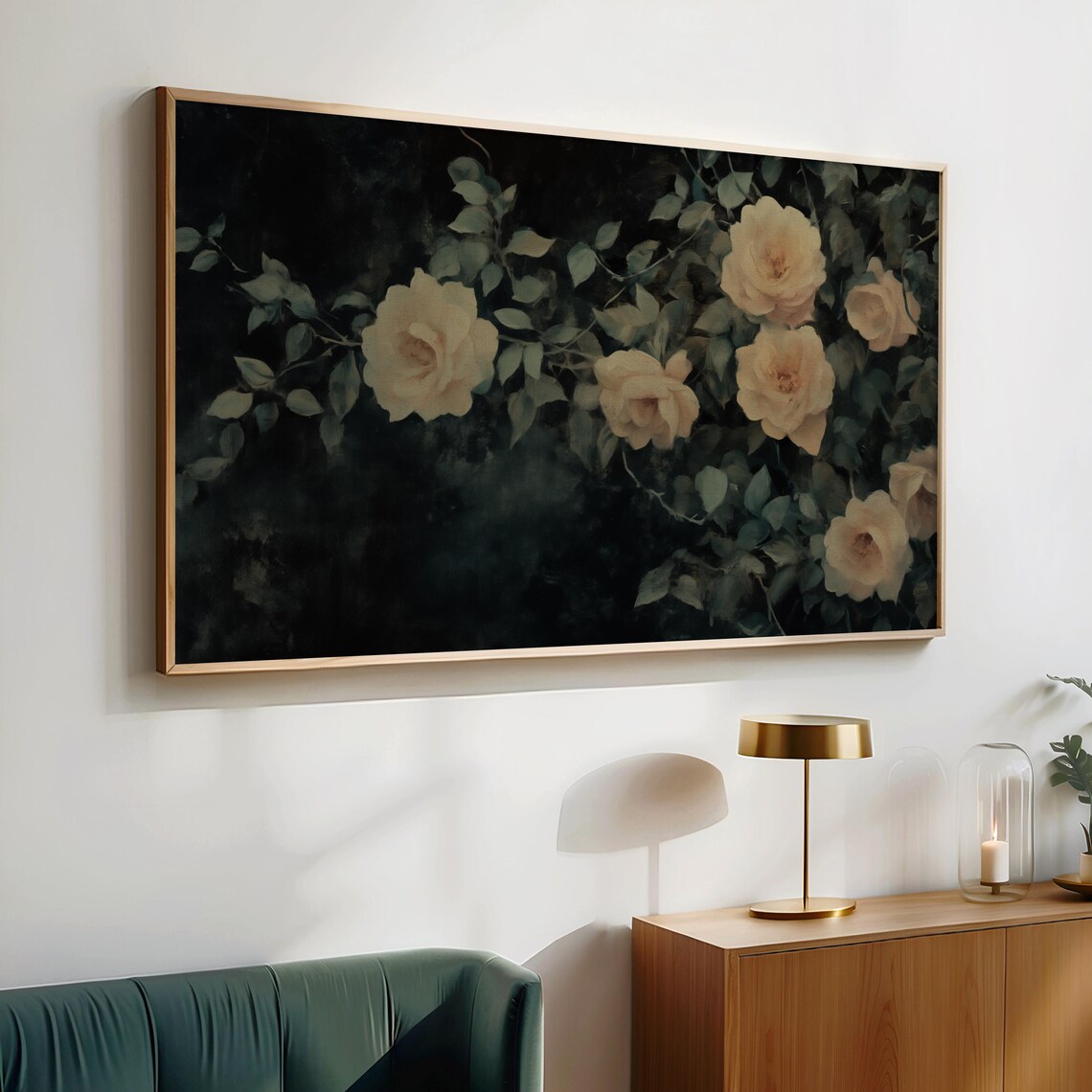 Vintage Yellow Wild Roses Dark Moody Floral Frame TV Art Poster - Image 2