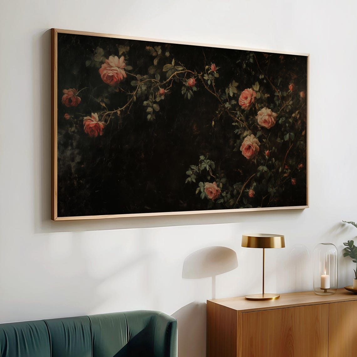 Climbing Pink Roses Dark Vines Moody Vintage Frame TV Art Poster - Image 2
