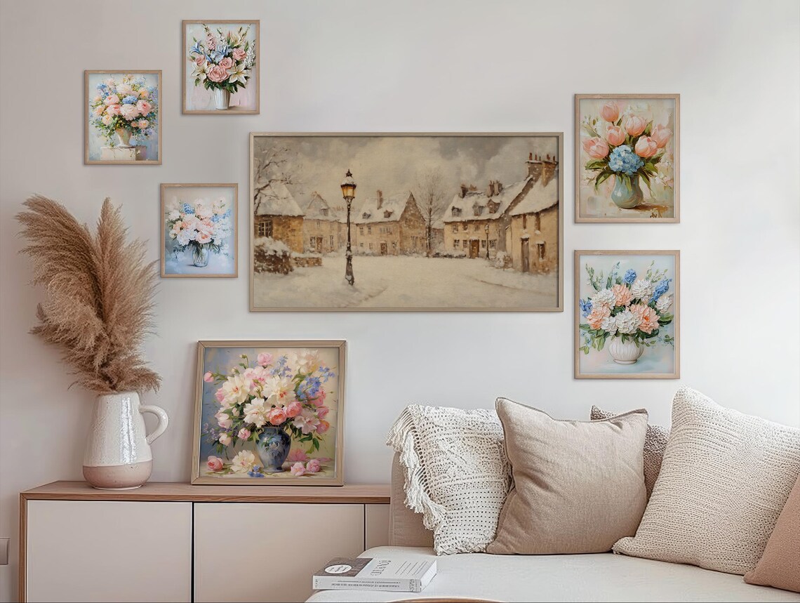 Snowy Village Street Lamppost Cottages Winter Frame TV Art Poster - Image 2