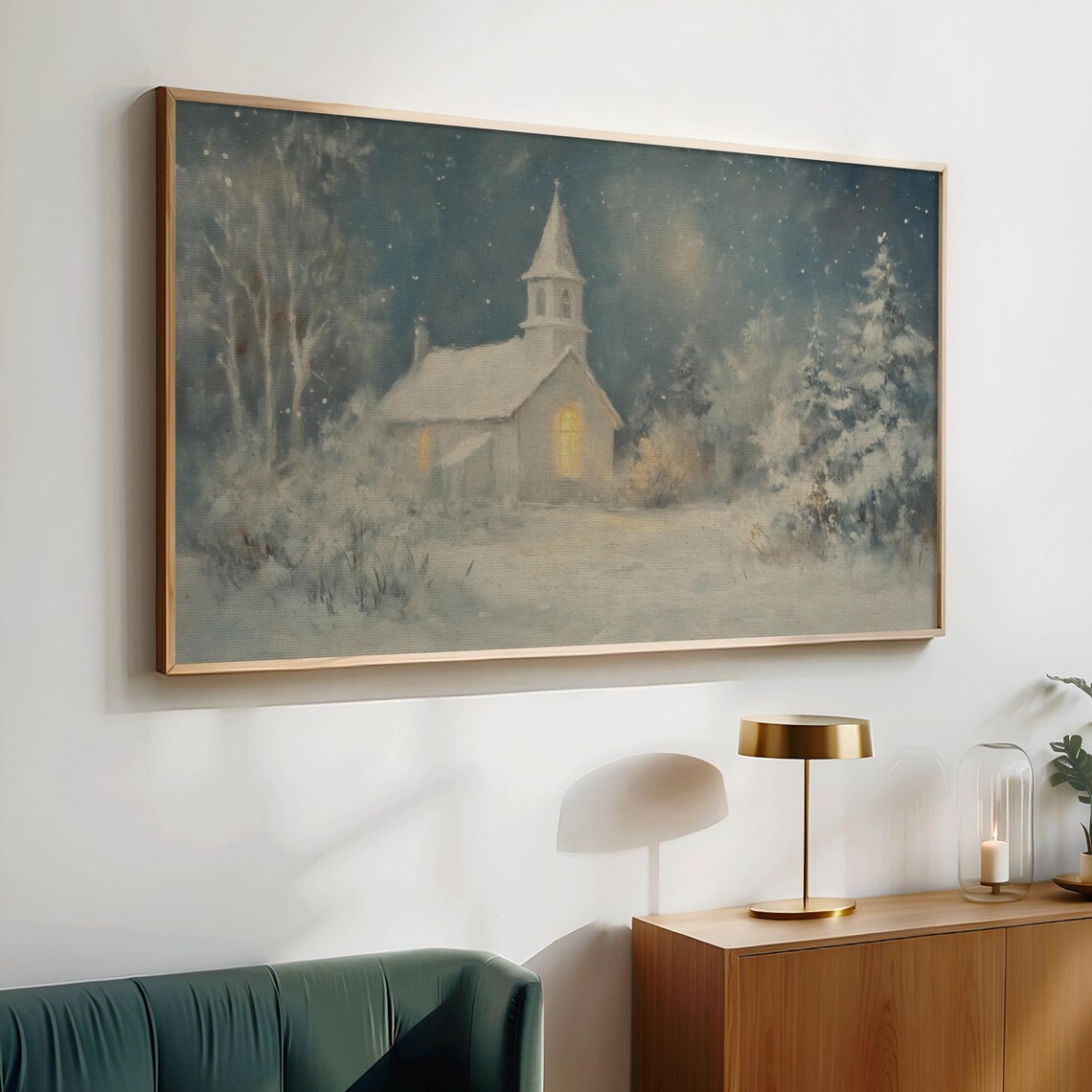 Snowy Church on Christmas Eve Glowing Windows Peaceful Winter Poster - Image 2