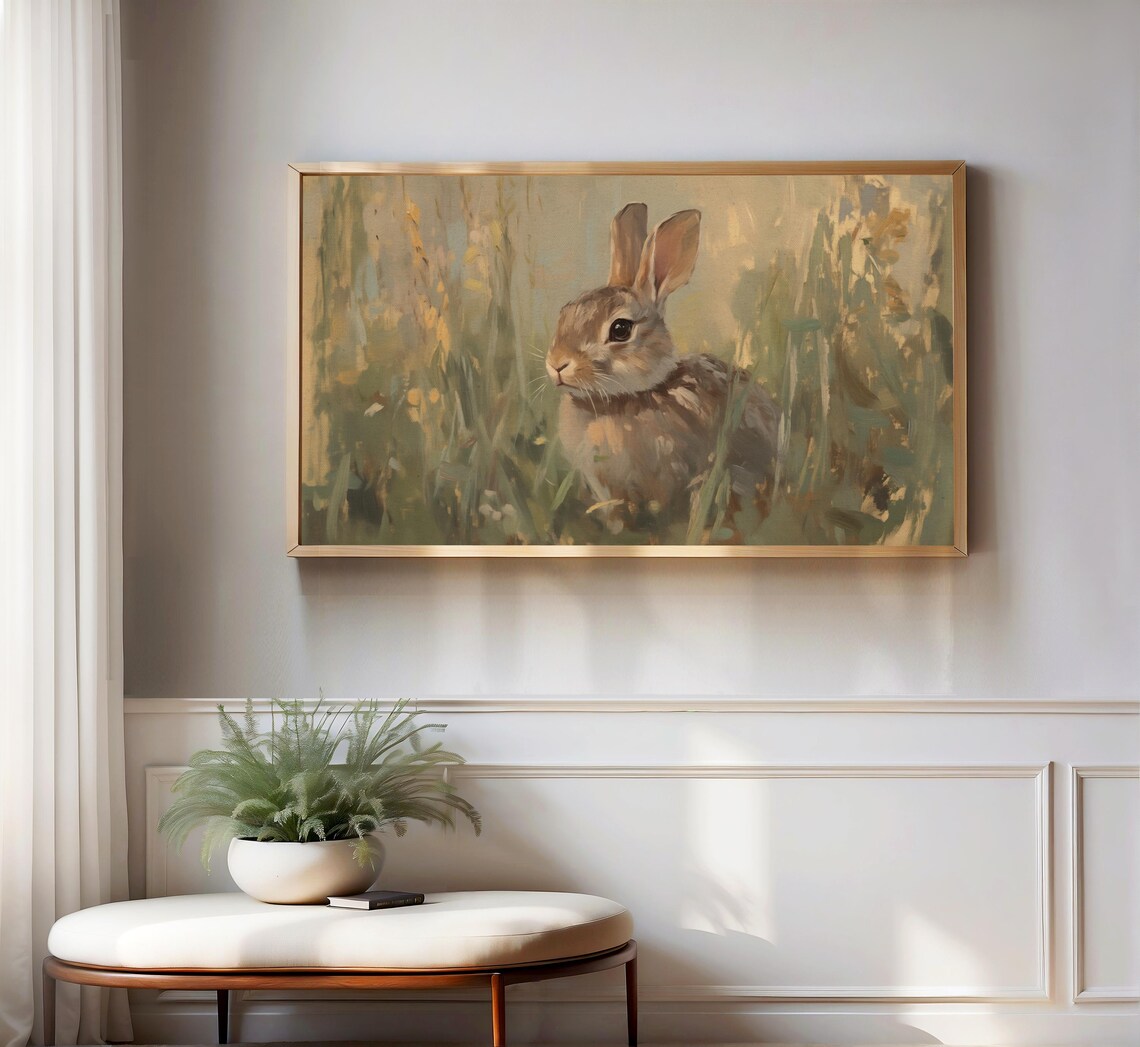 Brown Bunny Rabbit In Tall Wildflowers Soft Neutral Oil Painting Art Print - Image 3