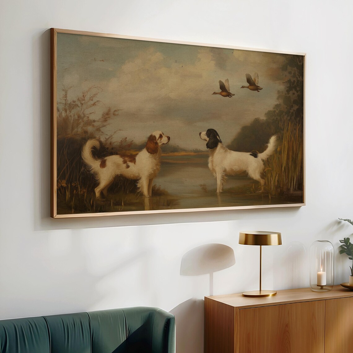 Spaniels In Marshland With Flying Ducks Muted Vintage Oil Painting Poster - Image 2