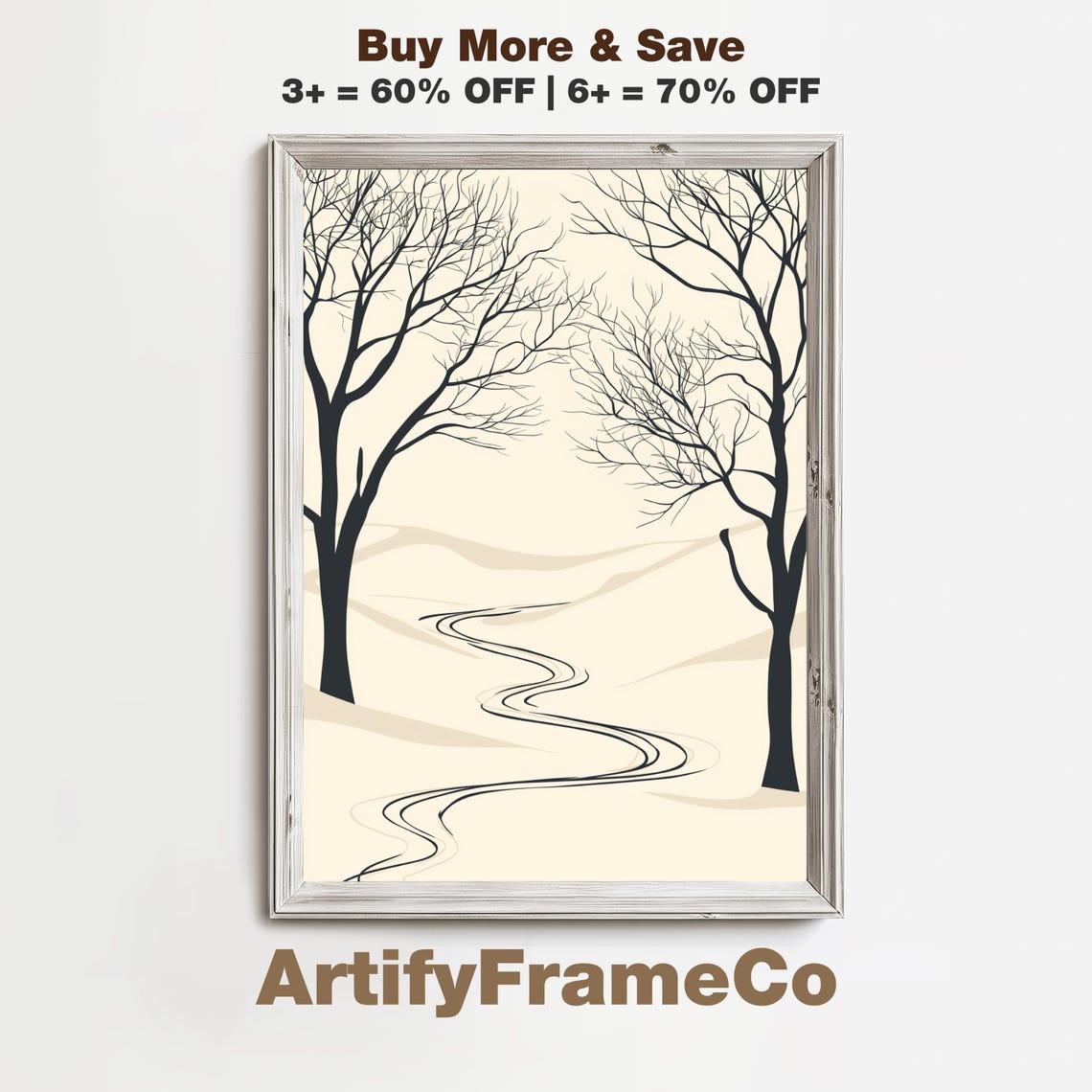 Winding Winter Path Between Bare Trees Soft Neutral Art Poster