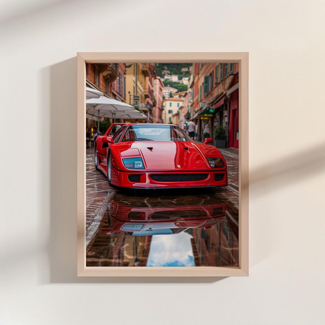 Red Ferrari F40 Classic Supercar Wet Street European City Poster