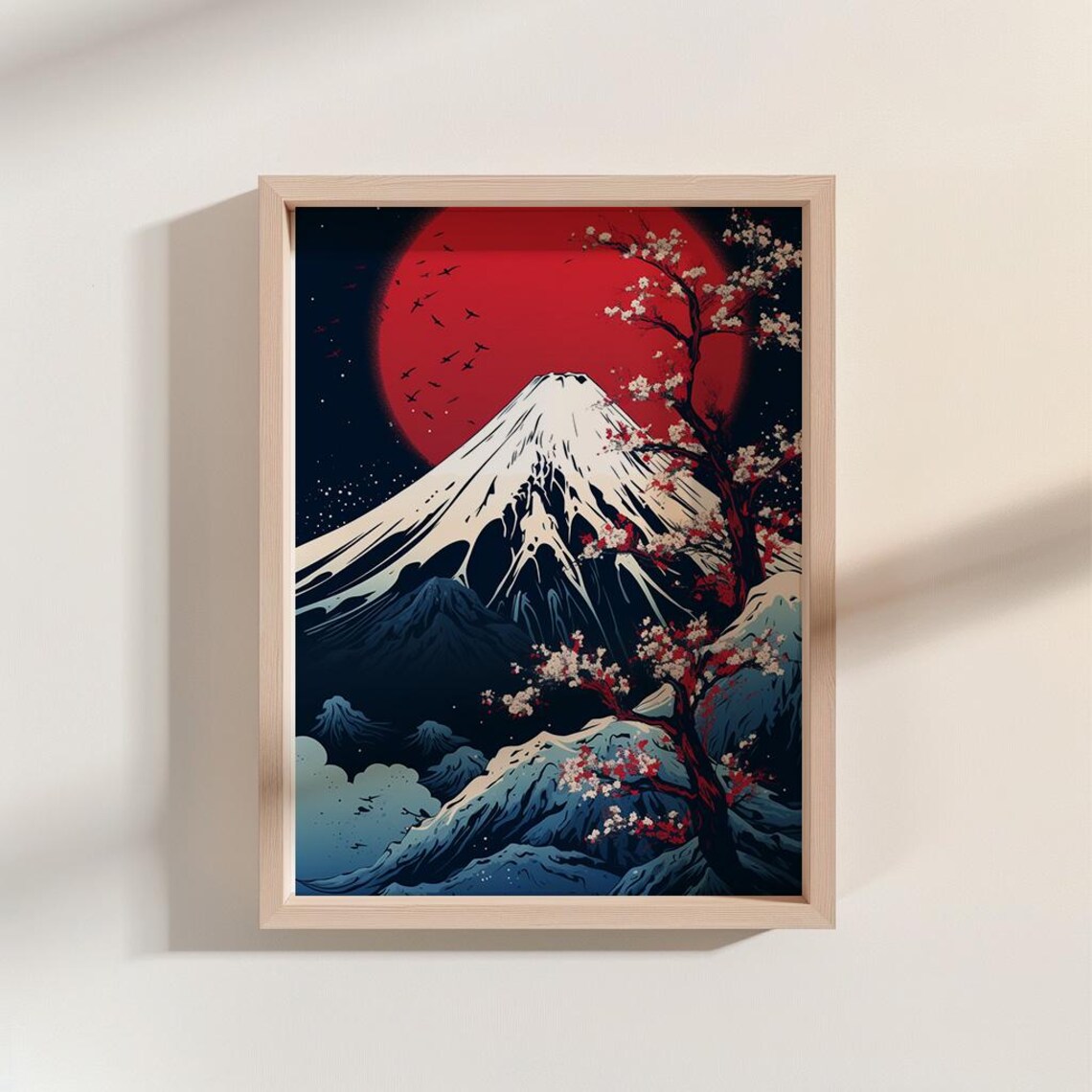 Mount Fuji At Night With Cherry Blossoms Red Sun Japanese Art Poster