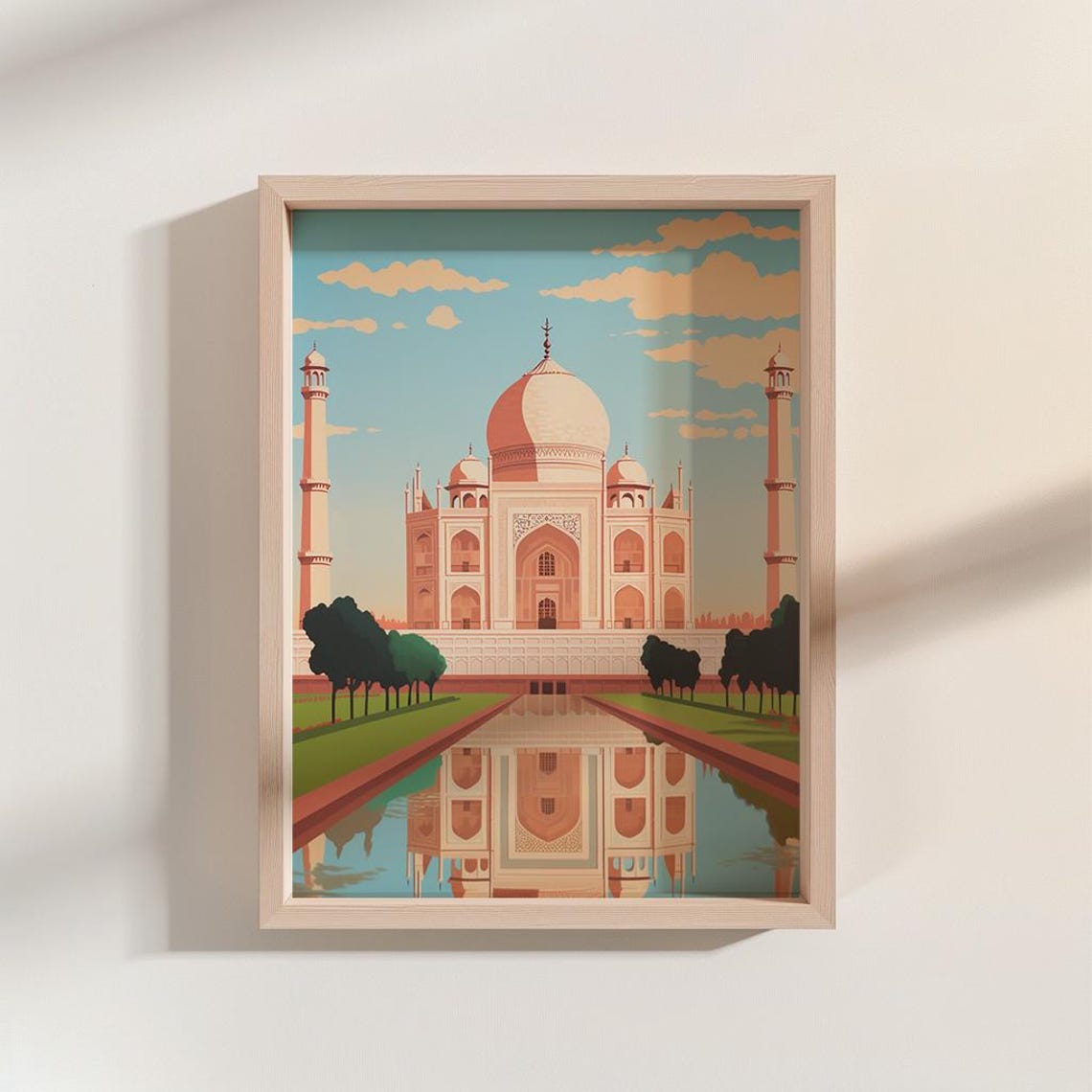 Taj Mahal Reflection Pool Gardens Marble Dome Gouache Art Poster