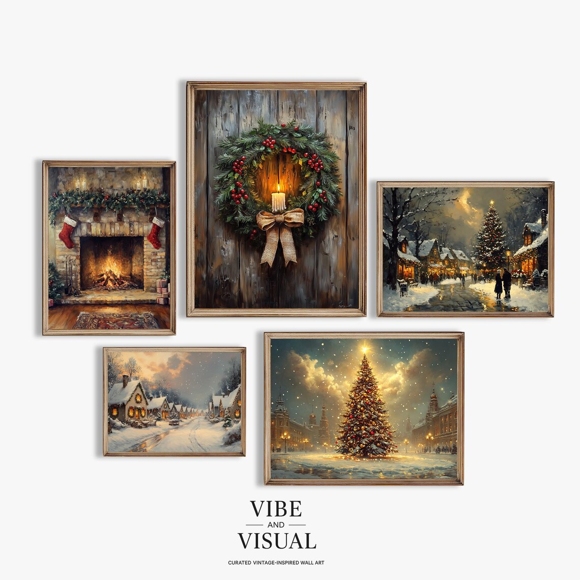Vintage Christmas Fireplace Wreath Village 5 Piece Cozy Gallery Poster