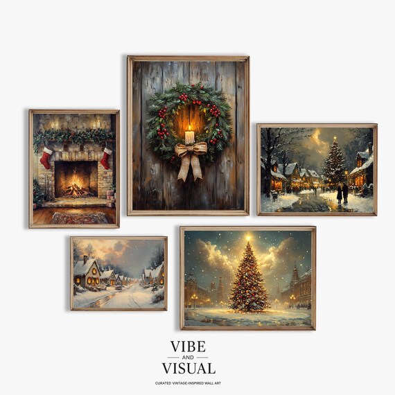 Vintage Christmas Fireplace Wreath Village 5 Piece Cozy Gallery Poster