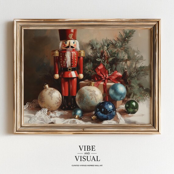 Nutcracker With Christmas Ornaments And Gift Vintage Holiday Art Poster