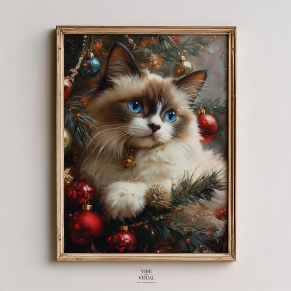 Ragdoll Cat Under Christmas Tree Festive Holiday Kitten Portrait Poster