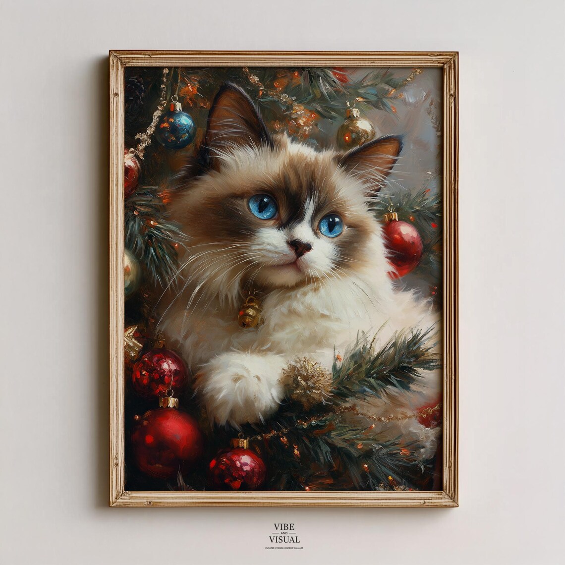 Ragdoll Cat Under Christmas Tree Festive Holiday Kitten Portrait Poster