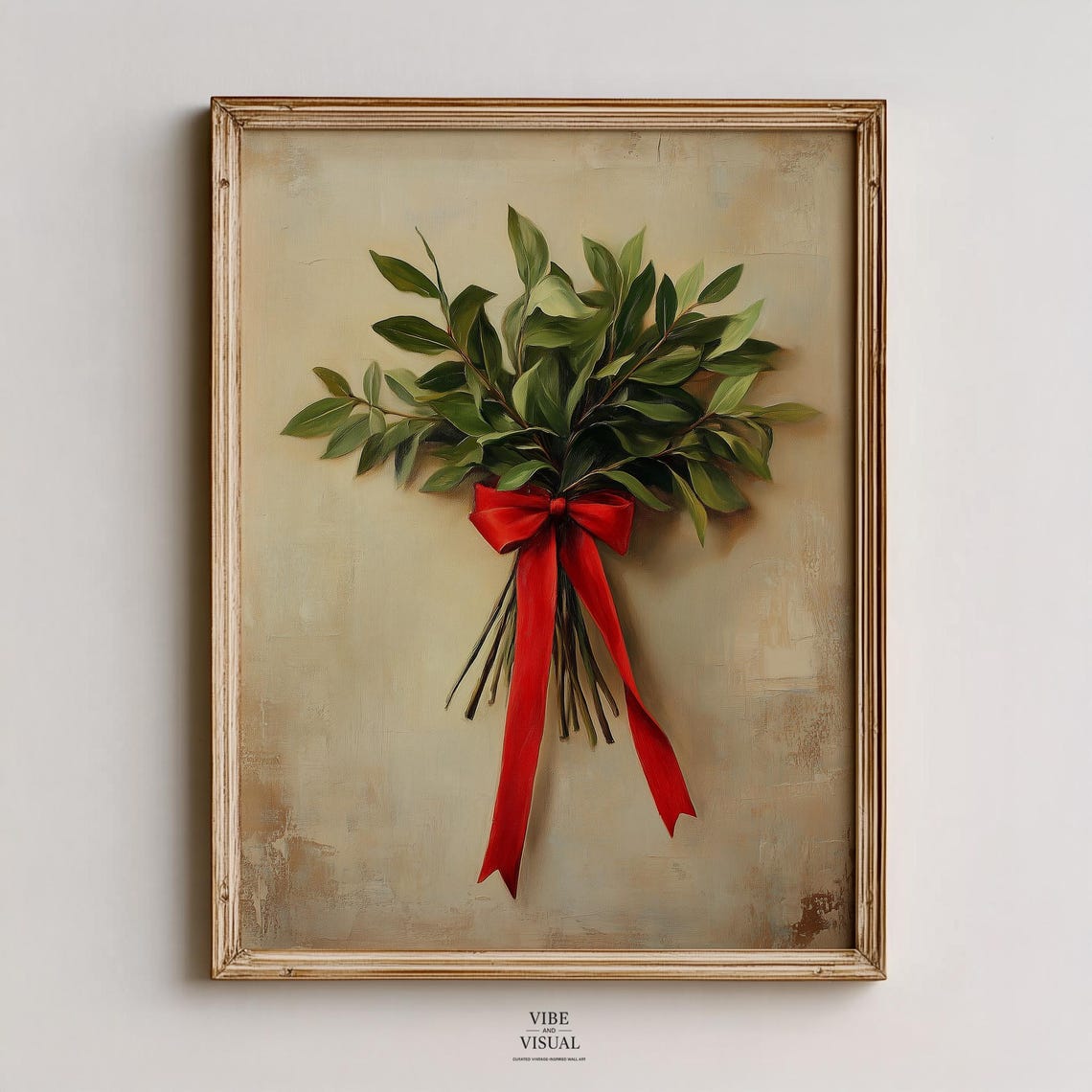 Mistletoe Bundle with Red Bow Vintage Holiday Botanical Art Poster