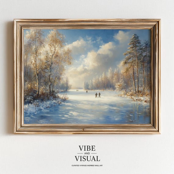 Frozen Lake With Skaters Serene Cozy Winter Landscape Vintage Wall Art Snow Scene Soft Sky And Trees 123