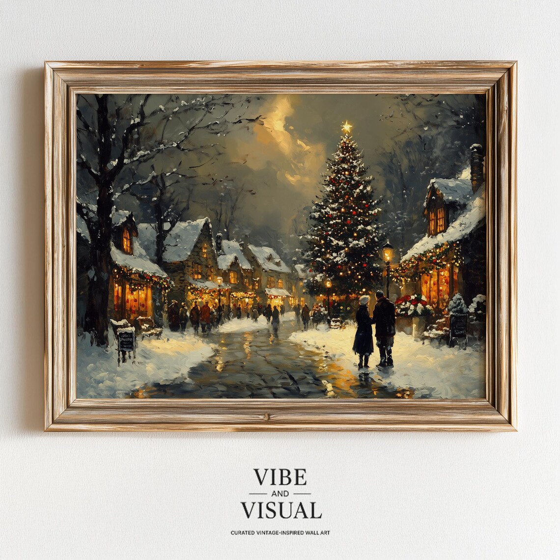Festive Snowy Village Street Christmas Tree Night Holiday Painting Poster