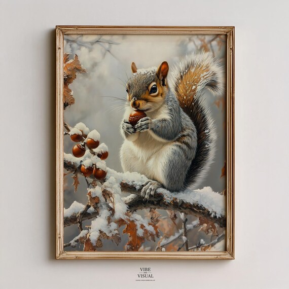 Rustic Winter Squirrel Print Cozy Acorn Wildlife Wall Art Vintage Still Life Decor Cute Scene Instant 133