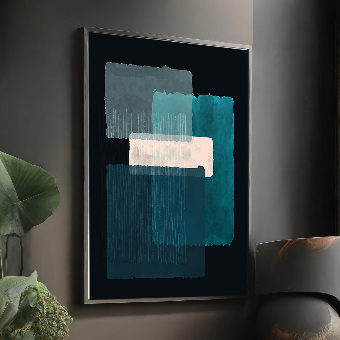 Teal Blue White Abstract Color Blocks Dark Modern Minimalist Poster