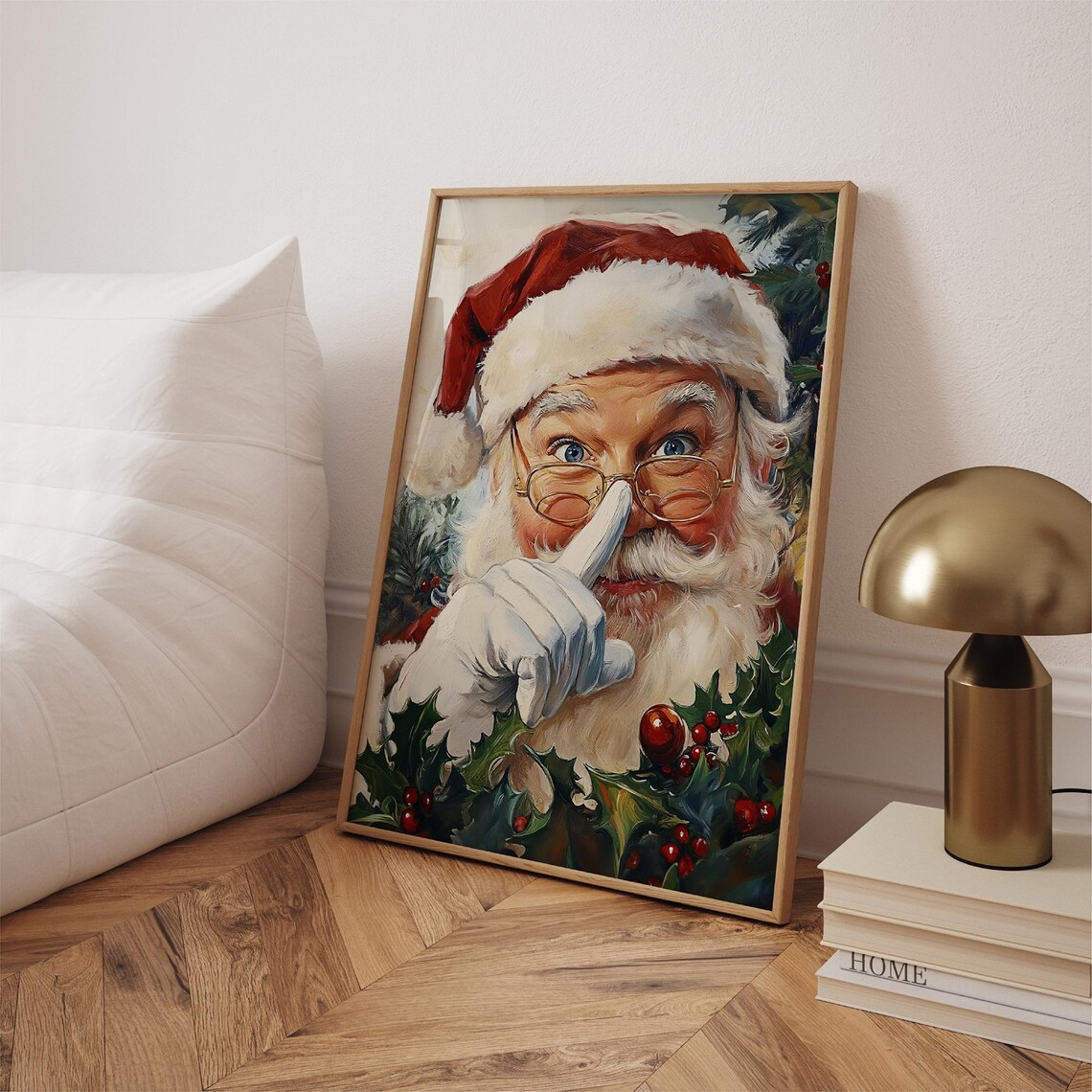 Vintage Santa Claus Portrait Shushing Oil Painting Christmas Wall Art