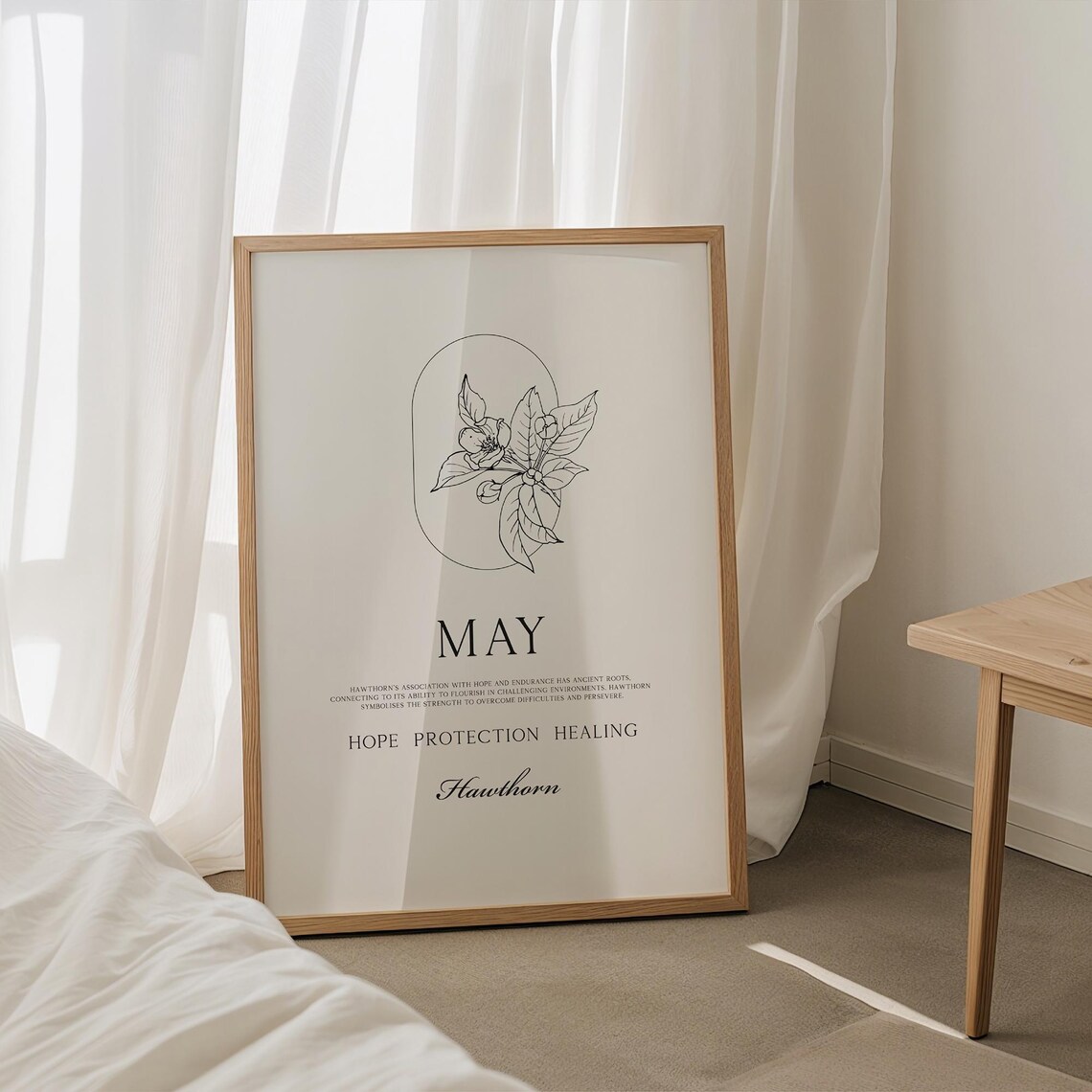May Birth Flower Hawthorn Line Art Hope Protection Healing Poster