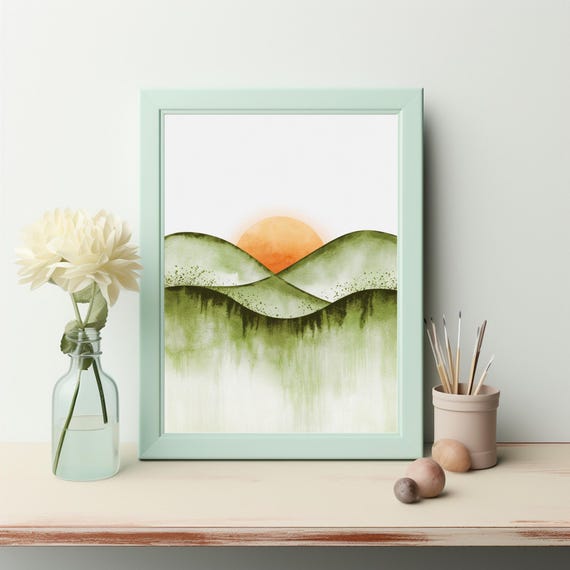 Tranquil Sunrise Over Rolling Hills Serene Watercolor Landscape For Instant Wall Art